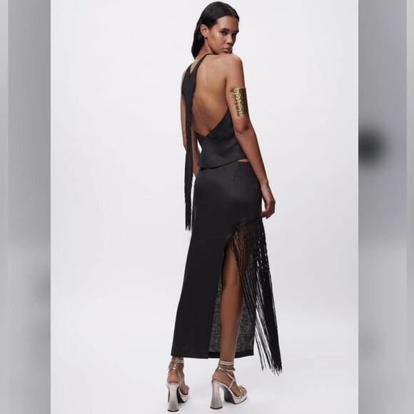 Zara Black Midi Skirt with Fringe Detail - Picture 10 of 13
